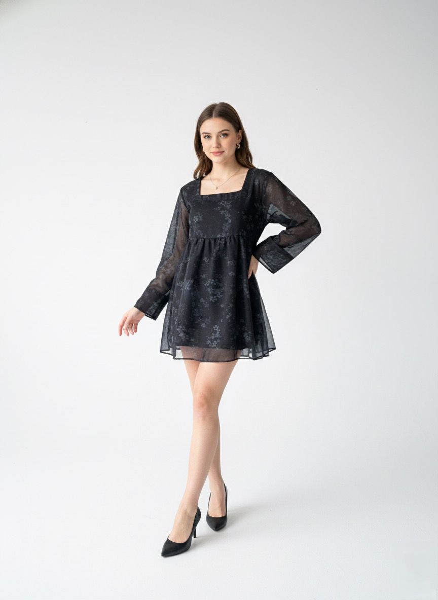 Elegant Babydoll Mini Dress with Sheer Sleeves