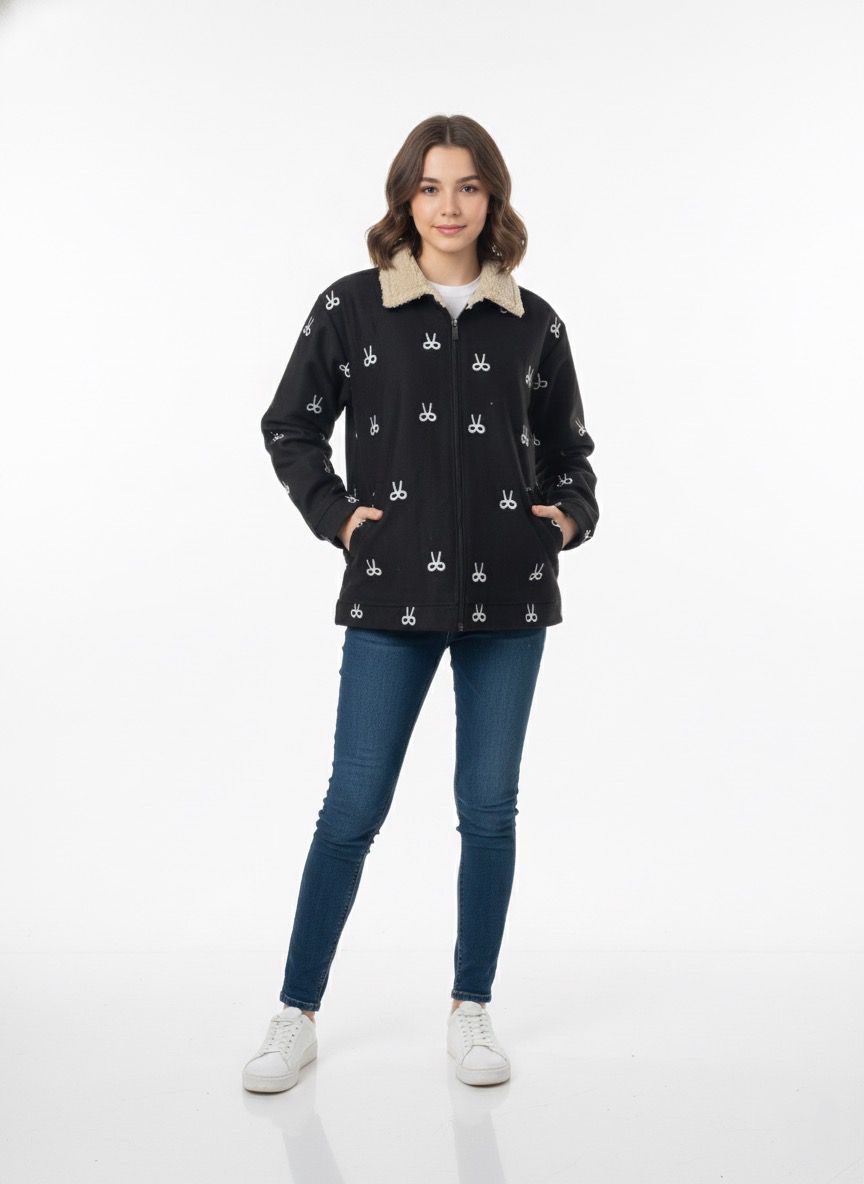 Peace Sign Print Fleece Jacket with Faux Shearling Collar