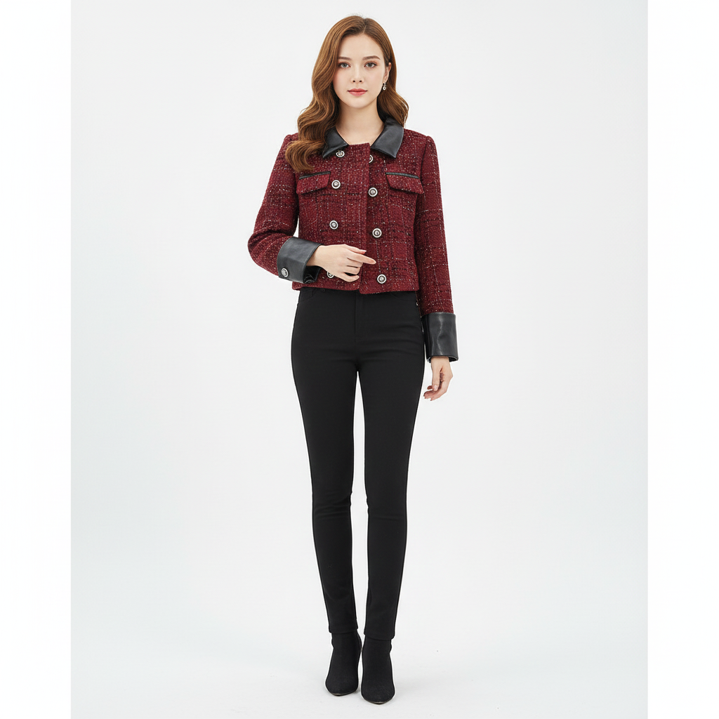 Burgundy Leather-Trim Tweed Jacket