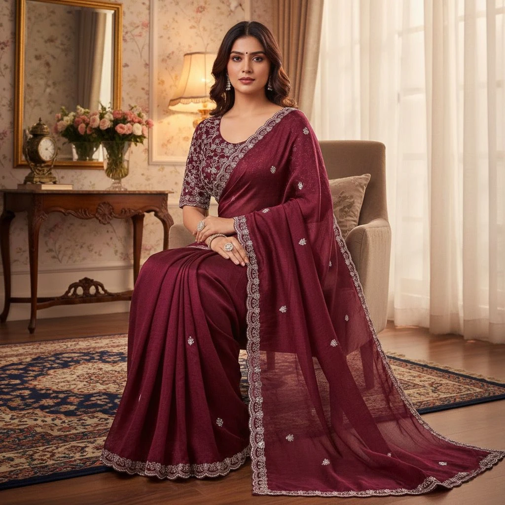 Elegant Wine Burgundy Georgette Saree with Intricate Silver Zari Embroidery and Scalloped Border