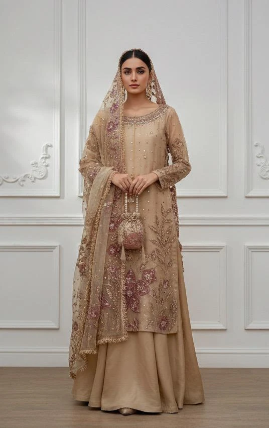 Ethereal Champagne Gold Embroidered Organza Suit with Lehenga
