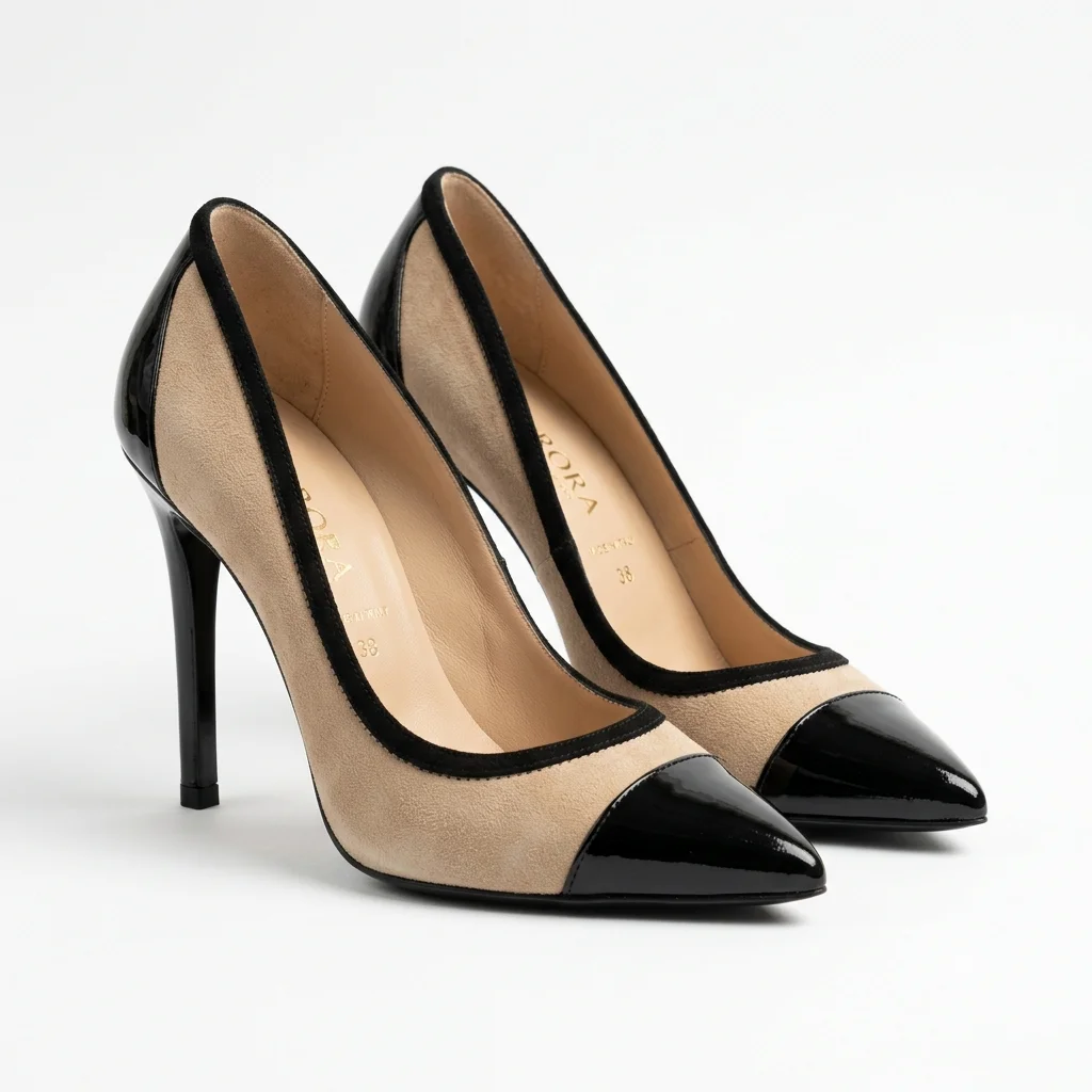 The Aurelia Two-Tone Pump in Beige Suede & Black Patent